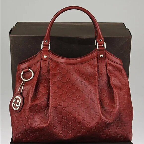 GUCCI Red Wine Burgundy Guccissima Large Sukey Leather Tote Hobo Shoulder Bag - Picture 1 of 14